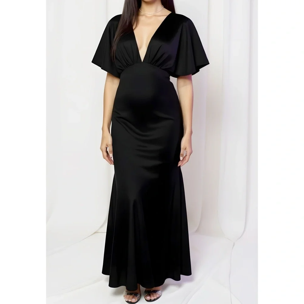 BHLDN Amelia Deep-V Flutter-Sleeve Satin A-Line Gown, Black, Small